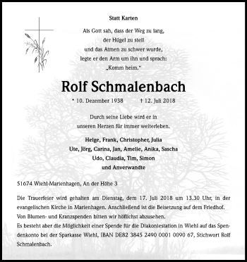 Anzeige von Rolf Schmalenbach von OB