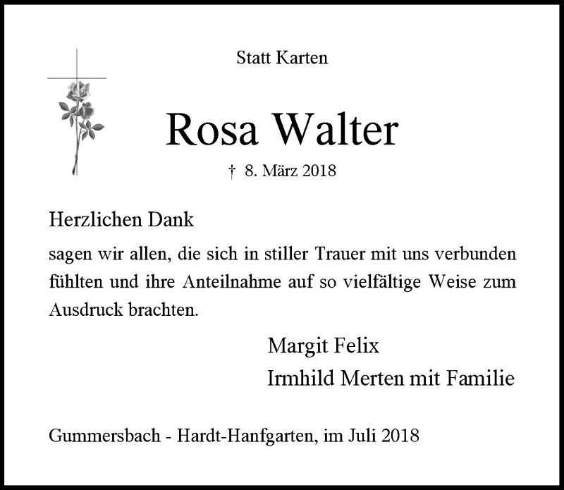  Traueranzeige für Rosa Walter vom 04.07.2018 aus  Anzeigen Echo 