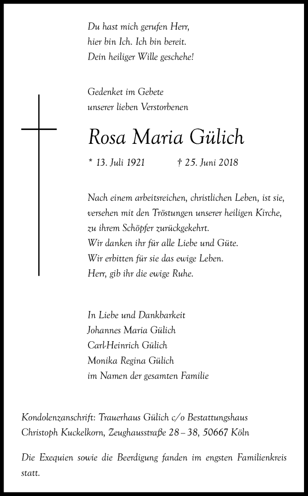  Traueranzeige für Rosa Maria Gülich vom 13.07.2018 aus GS