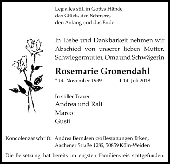 Anzeige von Rosemarie Gronendahl von GS
