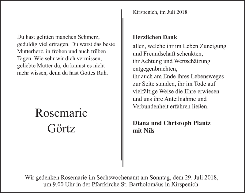  Traueranzeige für Rosemarie Görtz vom 21.07.2018 aus  Blickpunkt Euskirchen 