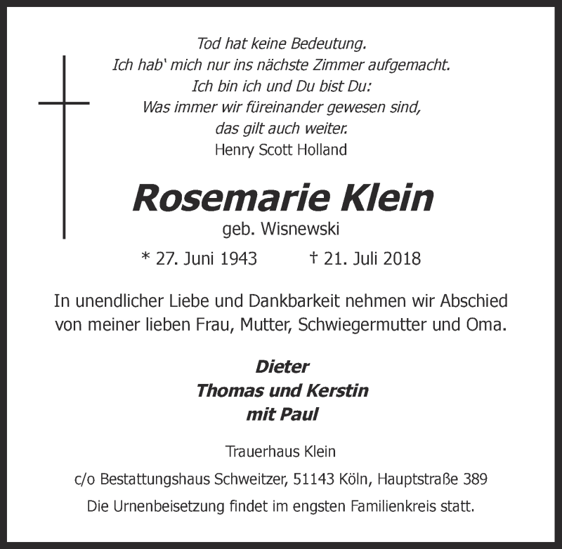  Traueranzeige für Rosemarie Klein vom 01.08.2018 aus  Kölner Wochenspiegel 