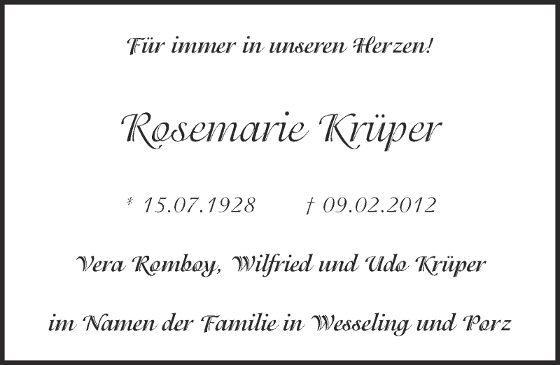  Traueranzeige für Rosemarie Krüper vom 25.07.2018 aus  Kölner Wochenspiegel 