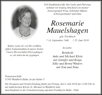 Anzeige von Rosemarie Mauelshagen von  Lokalanzeiger 