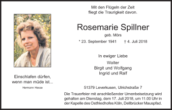 Anzeige von Rosemarie Spillner von GS