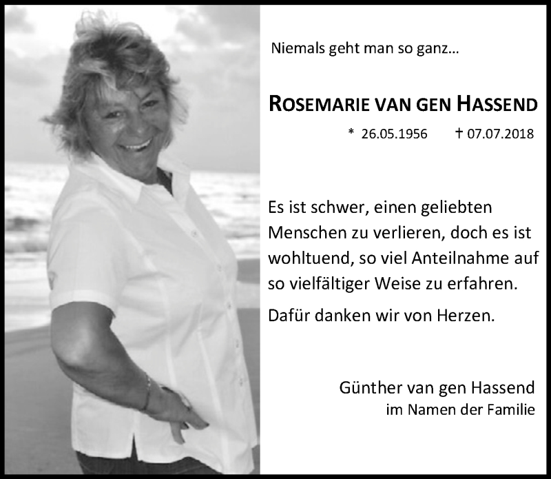  Traueranzeige für Rosemarie van gen Hassend vom 18.07.2018 aus  Kölner Wochenspiegel 