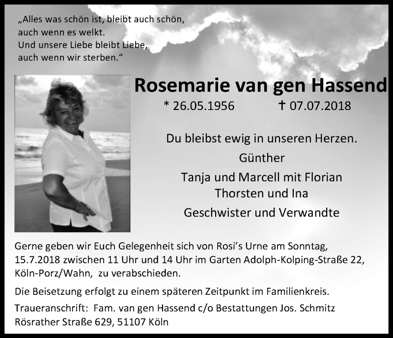  Traueranzeige für Rosemarie van gen Hassend vom 11.07.2018 aus GS
