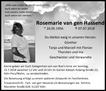 Anzeige von Rosemarie van gen Hassend von GS