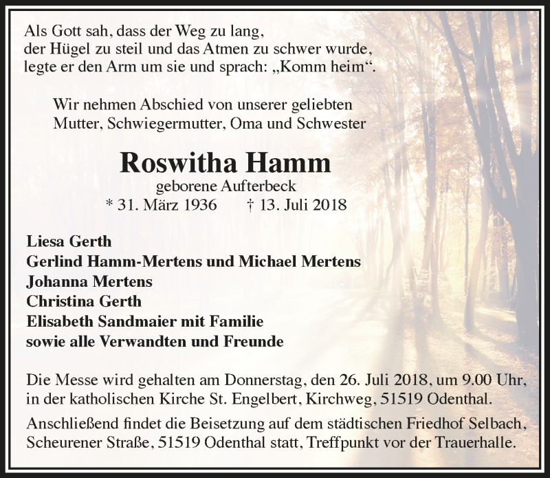  Traueranzeige für Roswitha Hamm vom 21.07.2018 aus  Bergisches Sonntagsblatt 