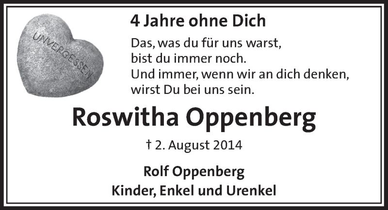  Traueranzeige für Roswitha Oppenberg vom 01.08.2018 aus  Schlossbote/Werbekurier 