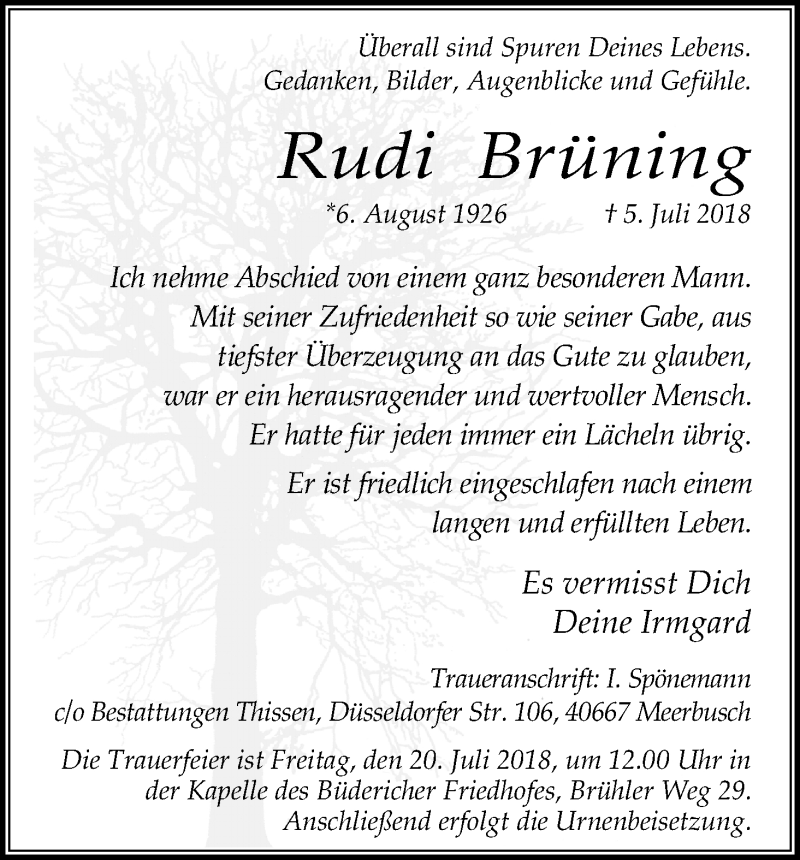 Traueranzeige für Rudi Brüning vom 14.07.2018 aus OB
