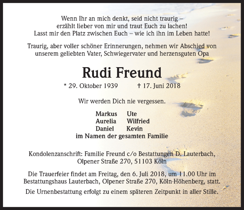  Traueranzeige für Rudi Freund vom 02.07.2018 aus GS