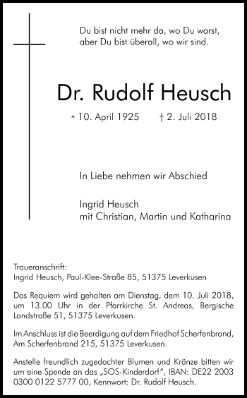Anzeige von Rudolf Heusch von SLE