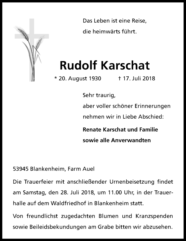  Traueranzeige für Rudolf Karschat vom 21.07.2018 aus EN