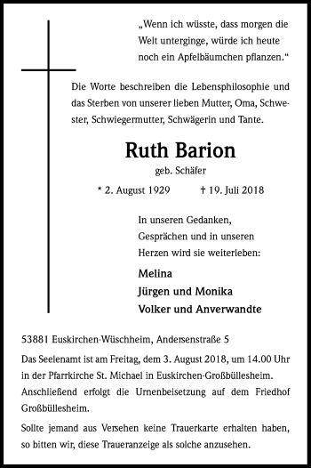 Anzeige von Ruth Barion von EN