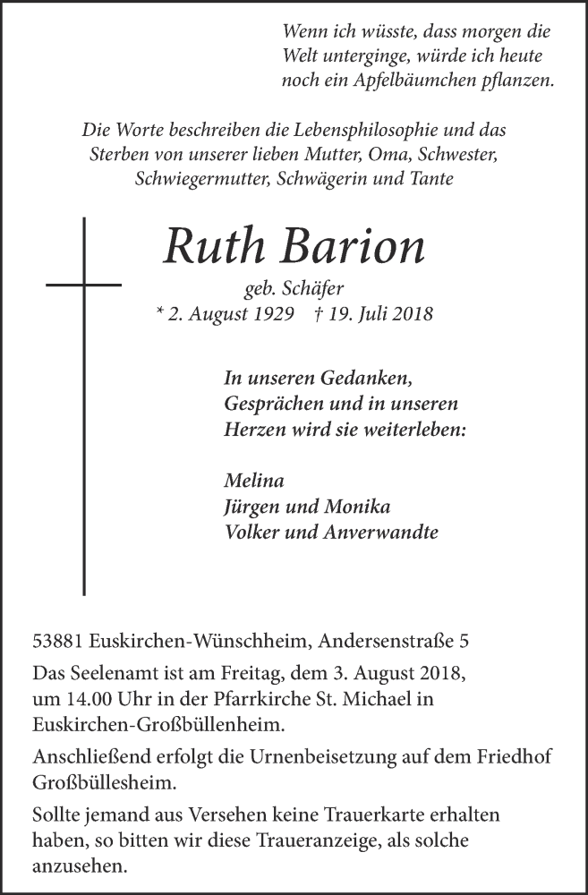  Traueranzeige für Ruth Barion vom 28.07.2018 aus  Blickpunkt Euskirchen 