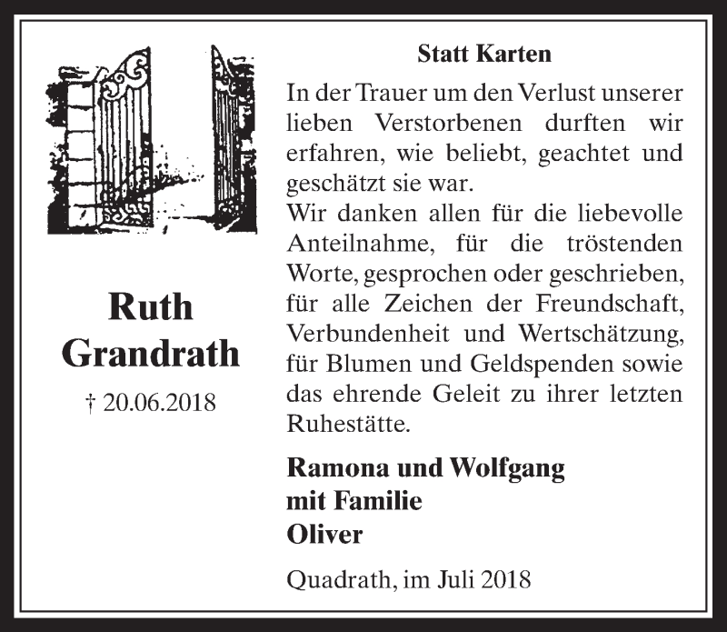  Traueranzeige für Ruth Grandrath vom 18.07.2018 aus  Werbepost 