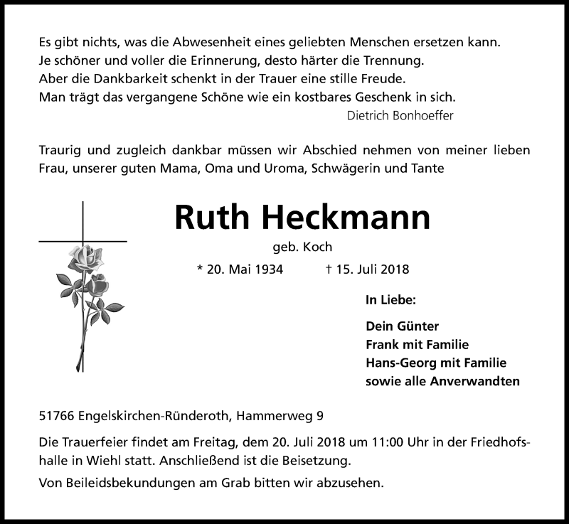  Traueranzeige für Ruth Heckmann vom 18.07.2018 aus OB