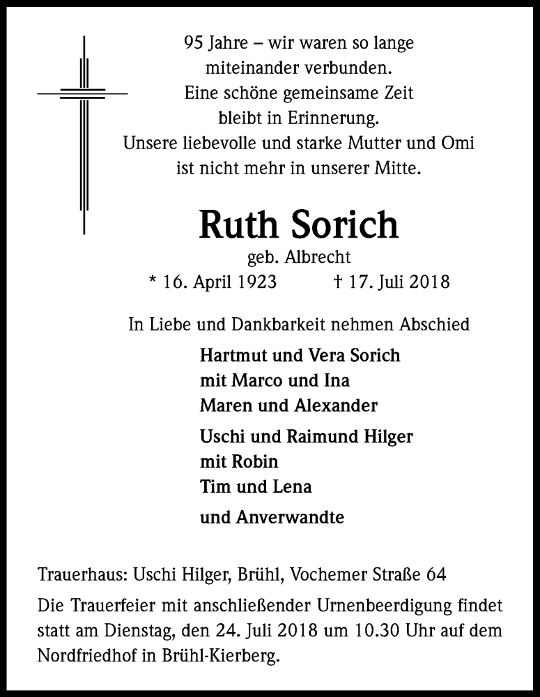  Traueranzeige für Ruth Sorich vom 20.07.2018 aus BG