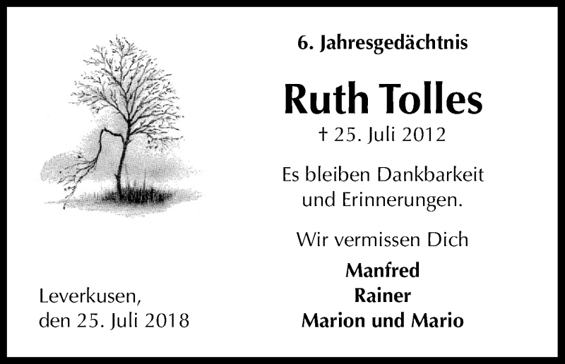  Traueranzeige für Ruth Tolles vom 25.07.2018 aus SLE
