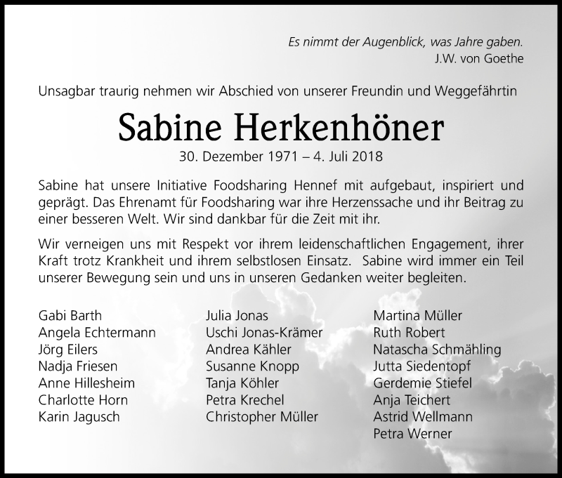  Traueranzeige für Sabine Herkenhöner vom 14.07.2018 aus HS