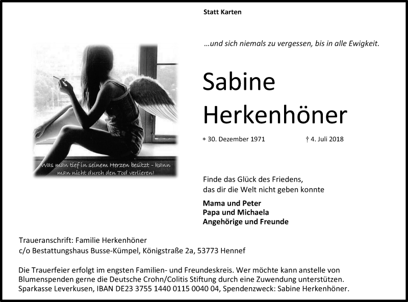  Traueranzeige für Sabine Herkenhöner vom 11.07.2018 aus HS