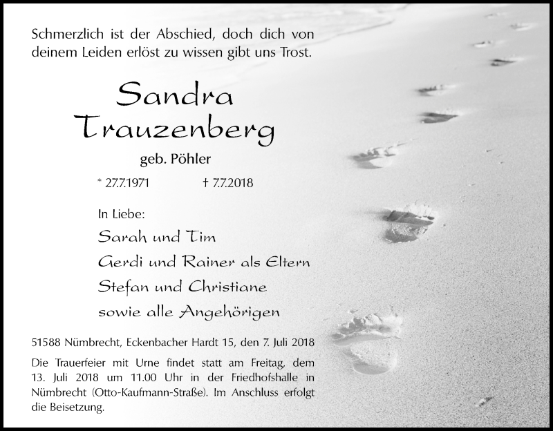  Traueranzeige für Sandra Trauzenberg vom 13.07.2018 aus OB