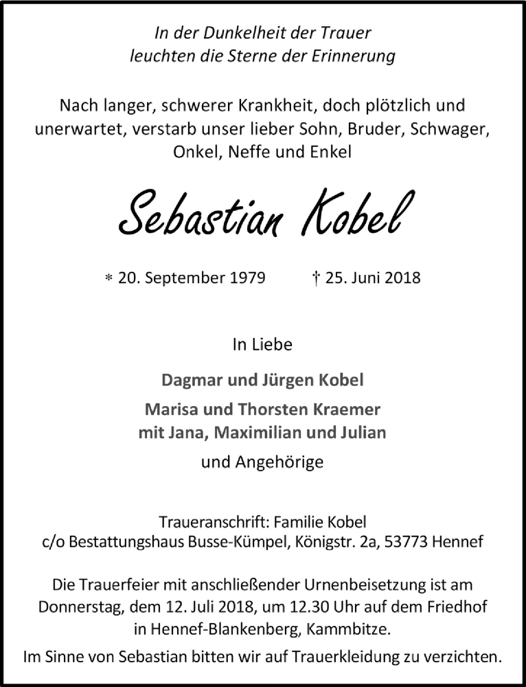  Traueranzeige für Sebastian Kobel vom 04.07.2018 aus  Extra Blatt 