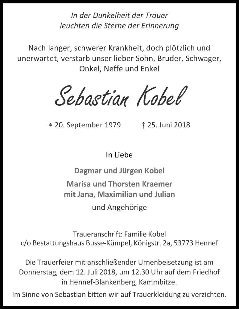  Traueranzeige für Sebastian Kobel vom 04.07.2018 aus HS