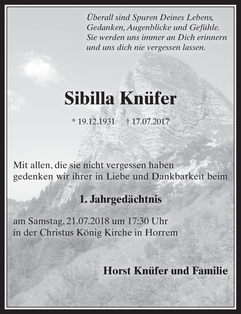  Traueranzeige für Sibilla Knüfer vom 18.07.2018 aus  Werbepost 