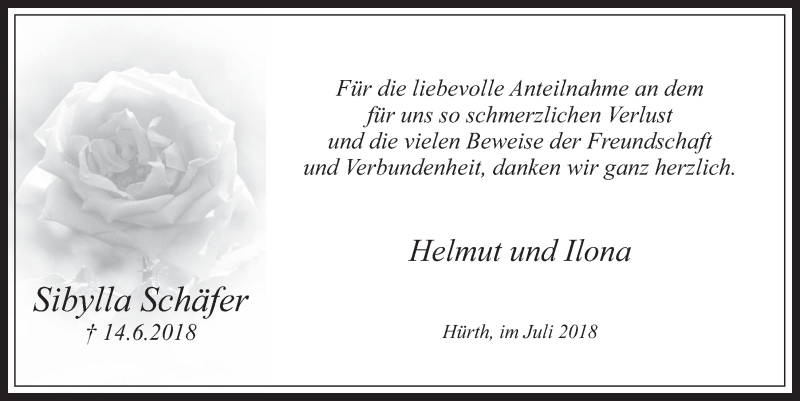  Traueranzeige für Sibylla Schäfer vom 11.07.2018 aus  Wochenende 