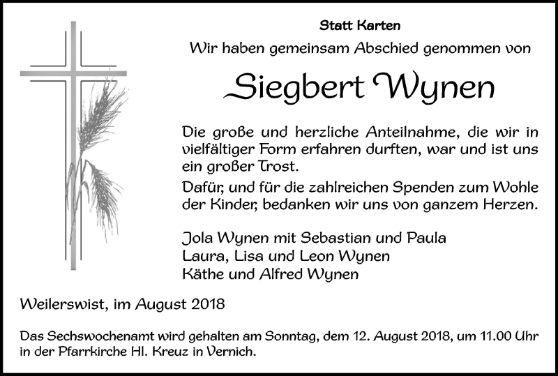  Traueranzeige für Siegbert Wynen vom 01.08.2018 aus Kölner Stadt-Anzeiger / Kölnische Rundschau / Express