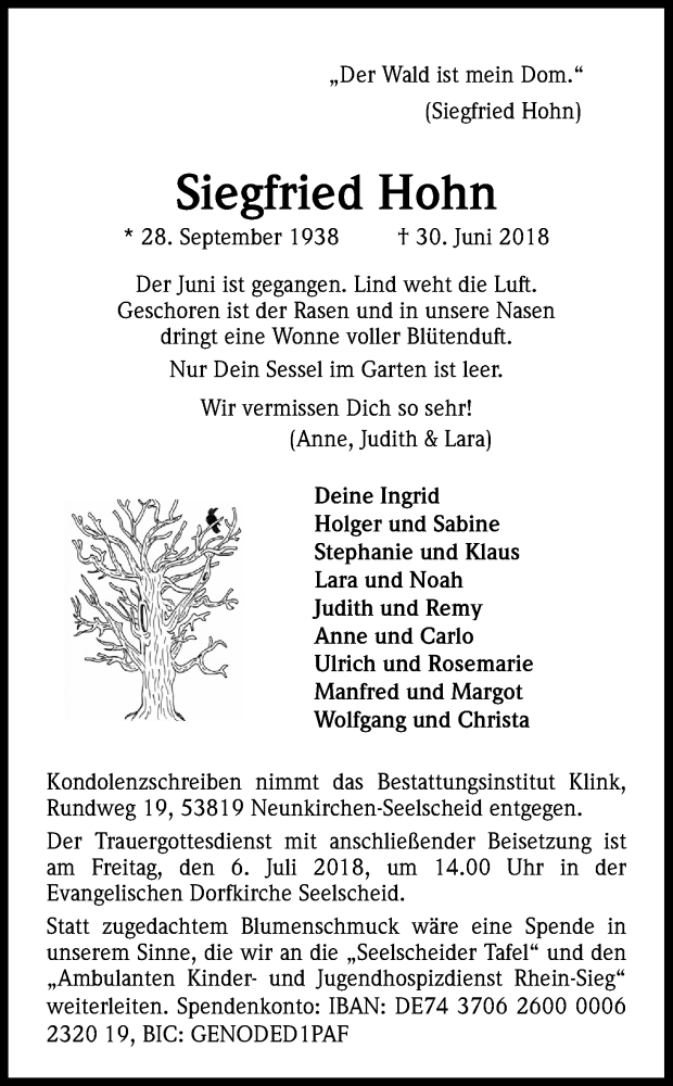  Traueranzeige für Siegfried Hohn vom 04.07.2018 aus HS