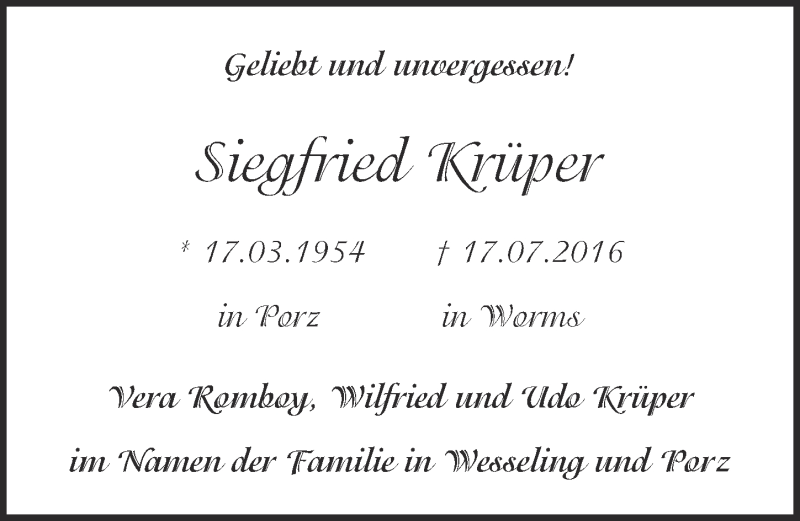  Traueranzeige für Siegfried Krüper vom 25.07.2018 aus  Kölner Wochenspiegel 