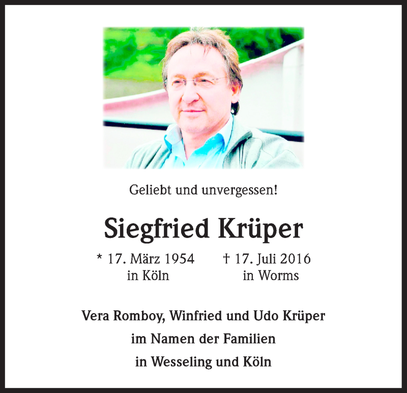  Traueranzeige für Siegfried Krüper vom 14.07.2018 aus GS