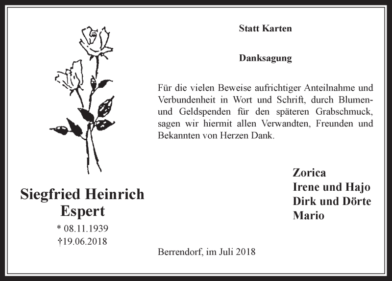  Traueranzeige für Siegfried Heinrich Espert vom 11.07.2018 aus  Werbepost 
