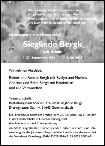 Anzeige von Sieglinde Bergk von OB