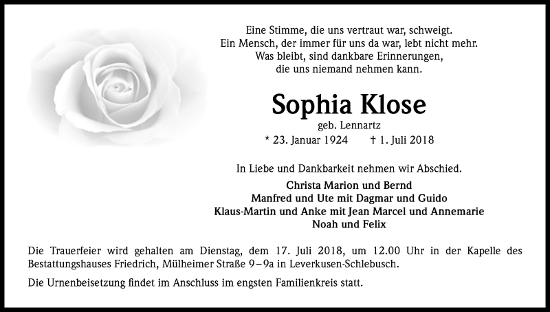  Traueranzeige für Sophia Klose vom 11.07.2018 aus SLE