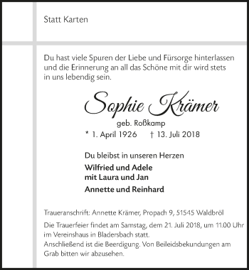 Anzeige von Sophie Krämer von  Lokalanzeiger 