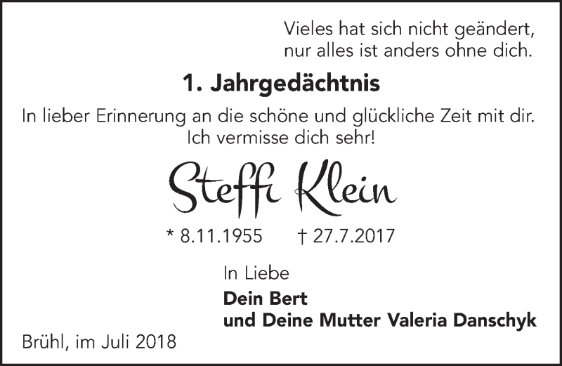  Traueranzeige für Steffi Klein vom 25.07.2018 aus  Schlossbote/Werbekurier 
