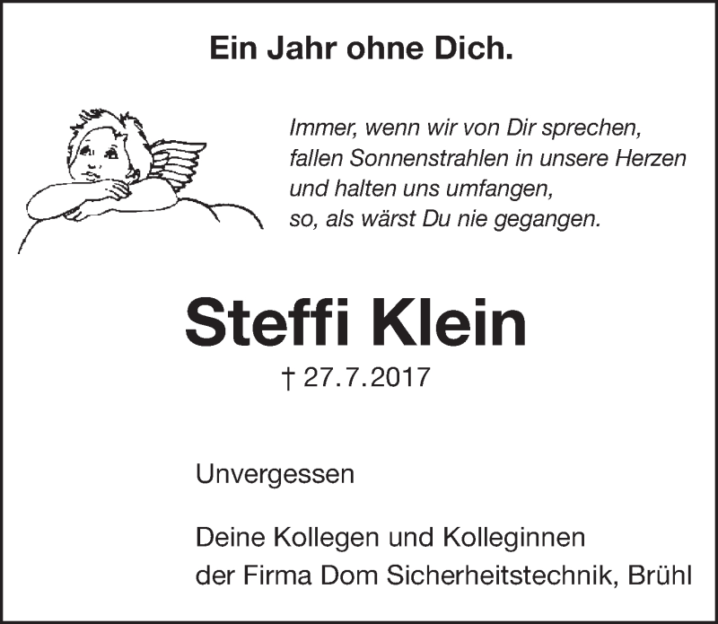  Traueranzeige für Steffi Klein vom 25.07.2018 aus  Schlossbote/Werbekurier 