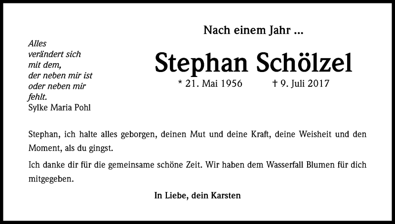  Traueranzeige für Stephan Schölzel vom 07.07.2018 aus HS