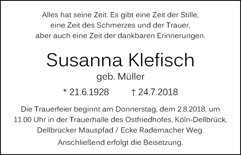  Traueranzeige für Susanna Klefisch vom 28.07.2018 aus GS