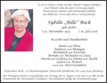 Anzeige von Sybille Bock von RB