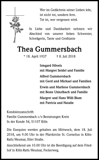 Anzeige von Thea Gummersbach von GS