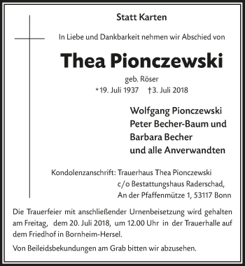 Anzeige von Thea Pionczewski von  Schaufenster/Blickpunkt 