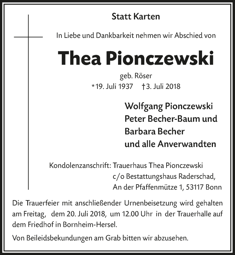  Traueranzeige für Thea Pionczewski vom 18.07.2018 aus  Schaufenster/Blickpunkt 