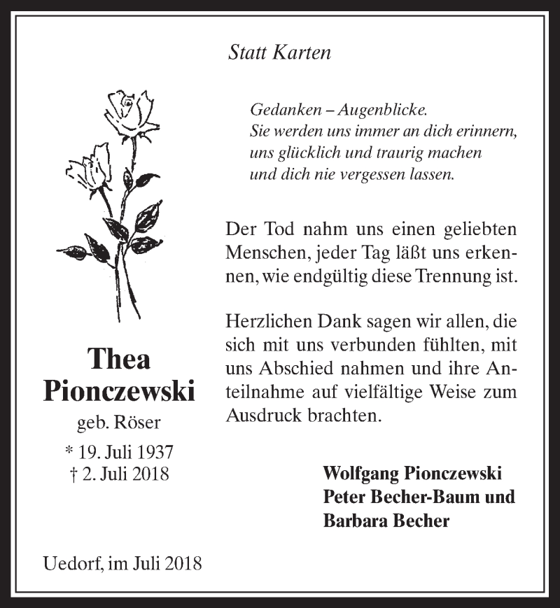  Traueranzeige für Thea Pionczewski vom 01.08.2018 aus  Schaufenster/Blickpunkt 