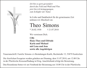 Anzeige von Theo Simons von  Blickpunkt Euskirchen 