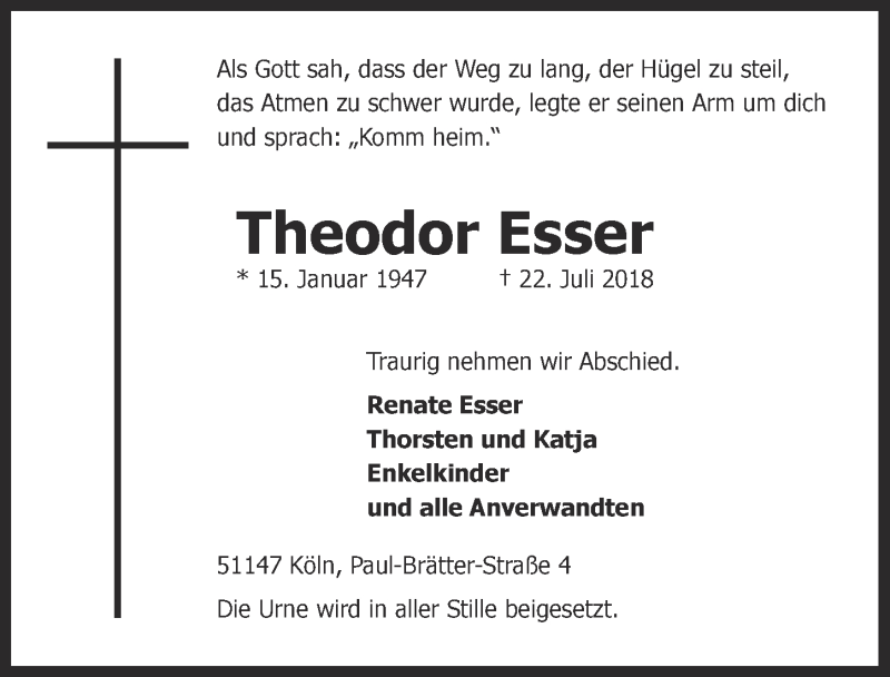  Traueranzeige für Theodor Esser vom 01.08.2018 aus  Kölner Wochenspiegel 